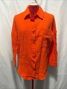 Relaxed Orange Textured Button-Down Shirt